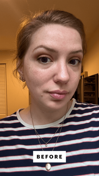 A selfie of Allure social director Kassidy Silva before using the Makeup by Mario F4 DualEnded Foundation and Face Brush