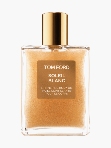 Soleil Blanc Shimmering Body Oil in branded clear bottle with gold cap on light gray background