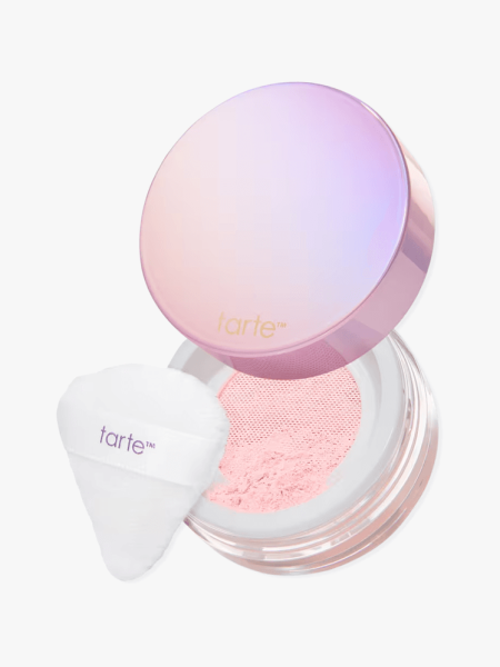 Tarte Tarte Creaseless Setting & Brightening Powder in pink on a grey background