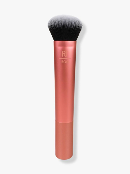 Real Techniques Expert Face Liquid and Cream Foundation Makeup Brush orange brush with black and white gradient bristles on light gray background