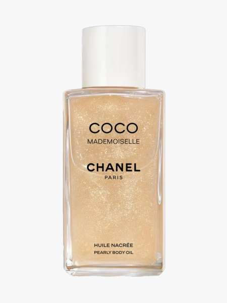 Chanel Coco Mademoiselle Pearly Body Oil in branded component on a light gray background