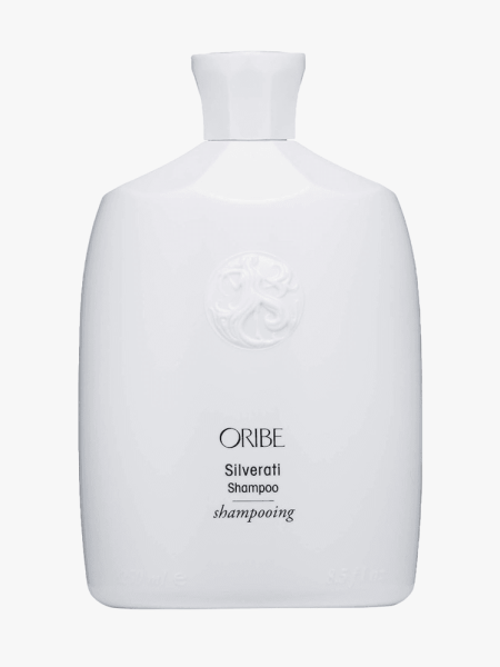 Oribe Silverati Shampoo in branded white bottle on light gray background